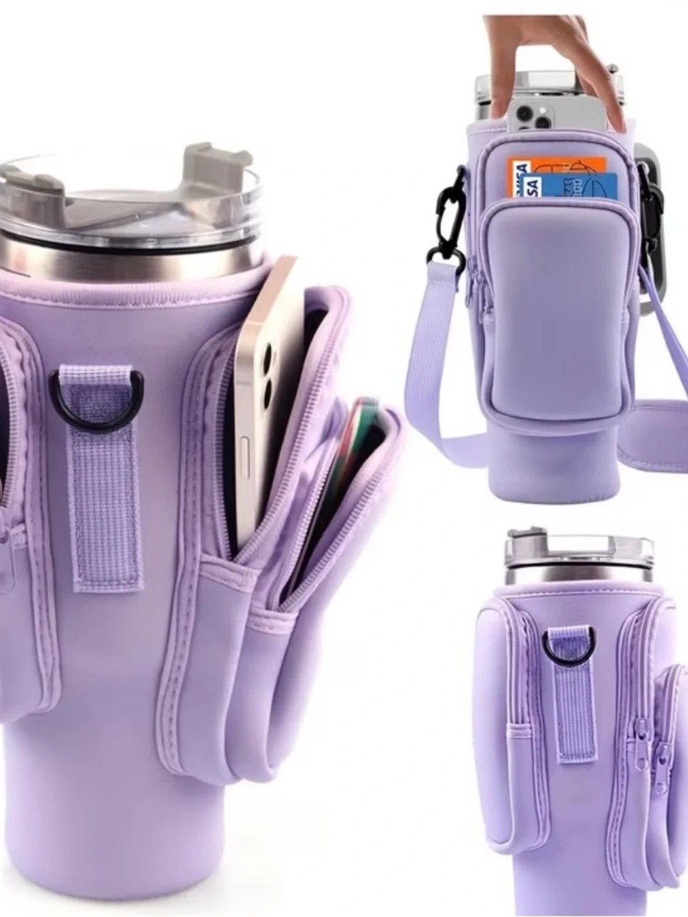 Universal Lavender Phone & Bottle Crossbody Carrier - Multipocket Comfort Strap